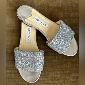 Jimmy Choo Purple Blue Glitter Sandals Slides 8.5 38.5